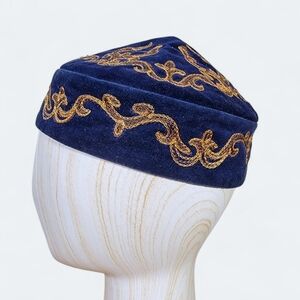 Vintage Central Asian Takia Cap - Blue Velvet & Gold Embroidery Skullcap